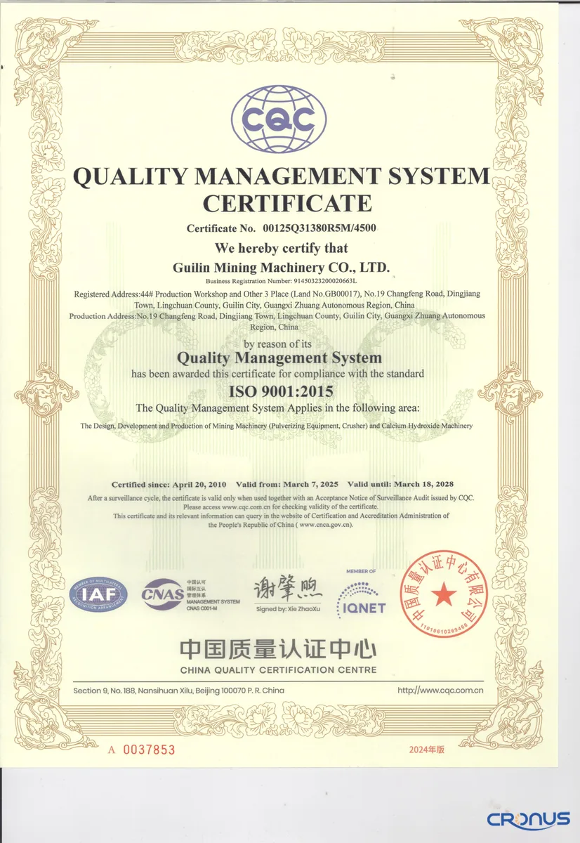 ISO quality management system certificate